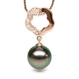 Pendentif floral - Perle de Tahiti noire, aubergine - Or ros