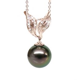 Création pendentif feuilles - Perle Tahiti noire paon - Or r