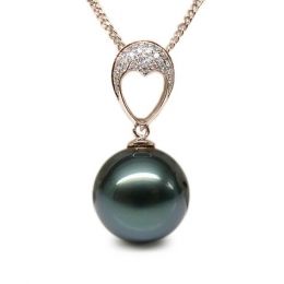 Pendentif coeur - Perle Tahiti bleue - Or rose, diamants mic