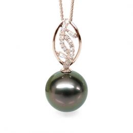 Pendentif deux feuilles - Perle de Tahiti - Or rose, diamant