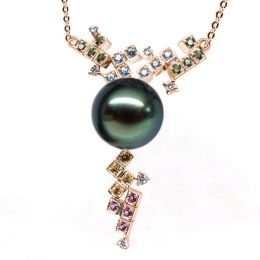 Pendentif avec chaine - Perle de Tahiti - Or rose, diamants,