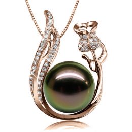 Pendentif rose - Perle Tahiti noire - Or rose, diamants - La