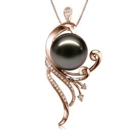Pendentif phoenix - Perle de Tahiti noire - Or rose, diamant