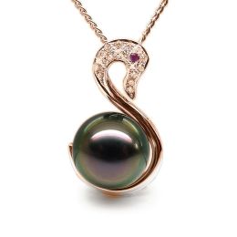 Pendentif cygne or rose - Perle de Tahiti - Diamants, saphir