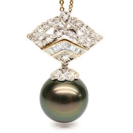 Pendentif perle de Tahiti - Or jaune - Diamants princesses,