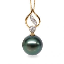 Pendentif feuille or jaune diamanté - Perle de Tahiti noire,