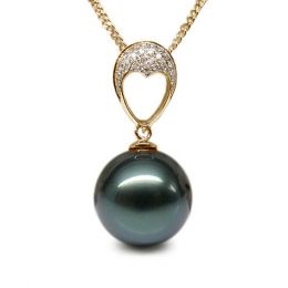 Pendentif coeur - Perle Tahiti bleue - Or jaune, diamants mi