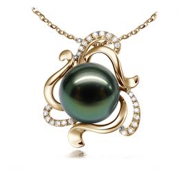 Pendentif perle de Tahiti verte 11/12mm - Or jaune et diaman