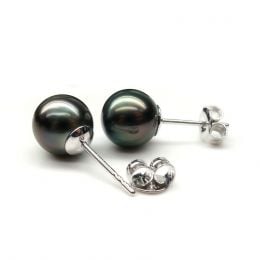 Boucles oreilles clous or blanc. Perles de Tahiti noires