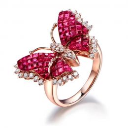 Bague Papillon argent. Rubis Birmanie, Or rose et diamants