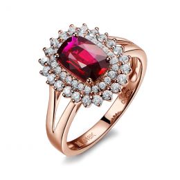 Bague rubis sertie d'une double rangée de diamants. Or rose