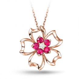 Pendentif fleur 5 feuilles - Or rose 18 carats - Rubis 0.30