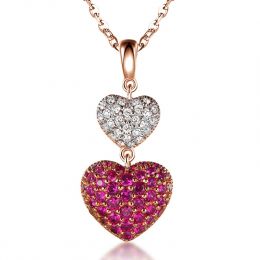 Pendentif double coeur rubis et diamants sertis grains - Or 