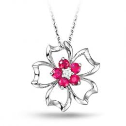 Pendentif fleur 5 feuilles - Or blanc 18 carats - Rubis 0.30