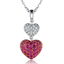 Pendentif double coeur rubis et diamants sertis grains - Or 