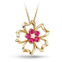 Pendentif fleur 5 feuilles - Or jaune 18 carats - Rubis 0.30