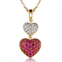 Pendentif double coeur rubis et diamants sertis grains - Or
