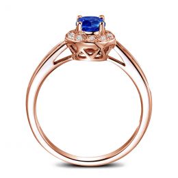 Bague fiançailles solitaire. Saphir bleu Or rose et diamants