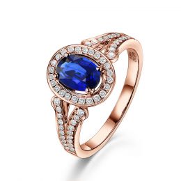 Bague fiançaille saphir ovale 1 carat. Or rose. Pavage diama
