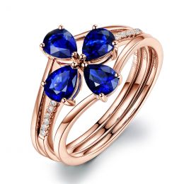 Bague solitaire saphirs fleur et Or rose. Linéaire diamants