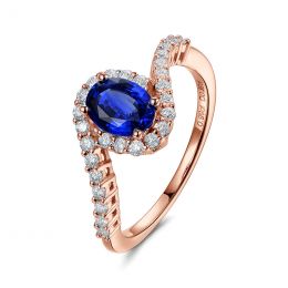 Bague saphir or rose pavage diamant sinueux