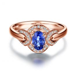 Bague fiançailles saphir diamants et or rose. Motifs bouclés