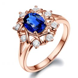 Bague fiancailles fleur saphir et diamants. Solitaire Or ros