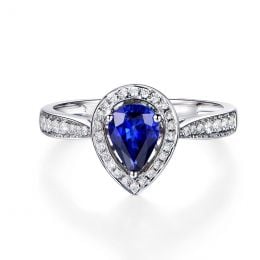 Bague de fiancailles saphir forme poire. Or blanc, diamants
