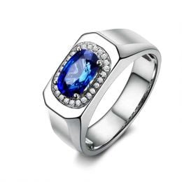 Chevalière Homme Or blanc.  Saphirs, diamants 2.17ct