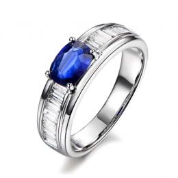 Bague contraste Saphir et Diamants taille émeraude. Or blanc 18