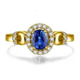 Solitaire en Saphir et Diamants - Bague en Or jaune 18 carats