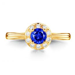 Bague fiançailles solitaire. Saphir bleu Or jaune et diamants