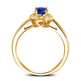 Bague fiançailles solitaire. Saphir bleu Or jaune et diamant