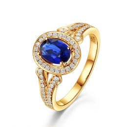 Bague fiançaille saphir ovale 1 carat. Or jaune. Pavage diam