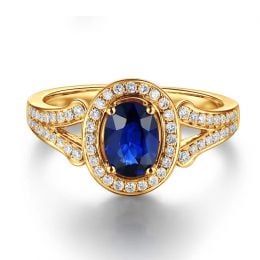 Bague fiançaille saphir ovale 1 carat. Or jaune. Pavage diamants