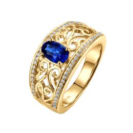 Bague fiançailles saphir 1ct. Or jaune. Motifs brodés dentelles
