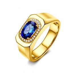 Chevalière Homme Or jaune. Saphirs, diamants 2.17ct