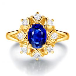 Bague fiancailles fleur saphir et diamants. Solitaire Or jaune