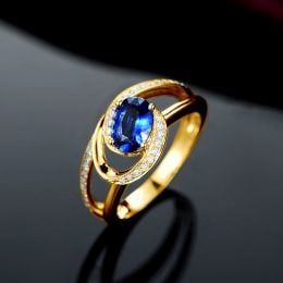 Bague de fiançailles saphir ovale 1 carat. Diamant, Or jaune