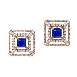 Boucle d Oreille carré de lumière - Or rose, saphir, diamant