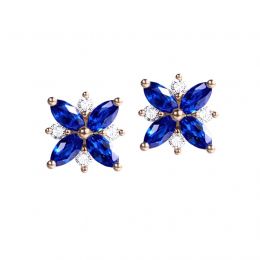 Boucle oreille fleur saphir bleu, diamant, or rose - Véroniq