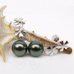 Boucles oreilles fleurs - Pendants perles Tahiti bleus vertes - Or blanc