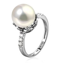 Bague couronne perlée - Perle de culture blanche - Diamants, or blanc