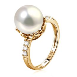 Bague couronne perlée - Perle de culture blanche - Diamants, or jaune