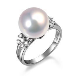 Bague double anneau lié or blanc - Perle de culture Chine - Diamants