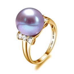 Bague or perle de culture - Perle lavande Chine - Or jaune, diamants
