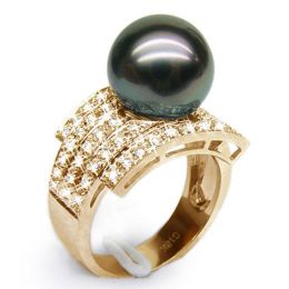 Bague style opulent - Perle Tahiti noire, bronze - Or jaune, diamants
