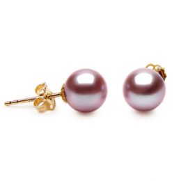 Boucle d'oreille perle clou - Perles de Chine lavande 8/9mm - Or jaune