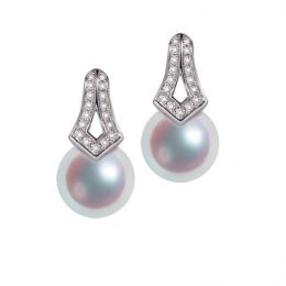 Boucles oreilles perles Japon. Pendants Michiko Or blanc, diamants.