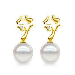Boucles oreilles pendants - Perles Akoya - AAA - Or jaune et Diamants